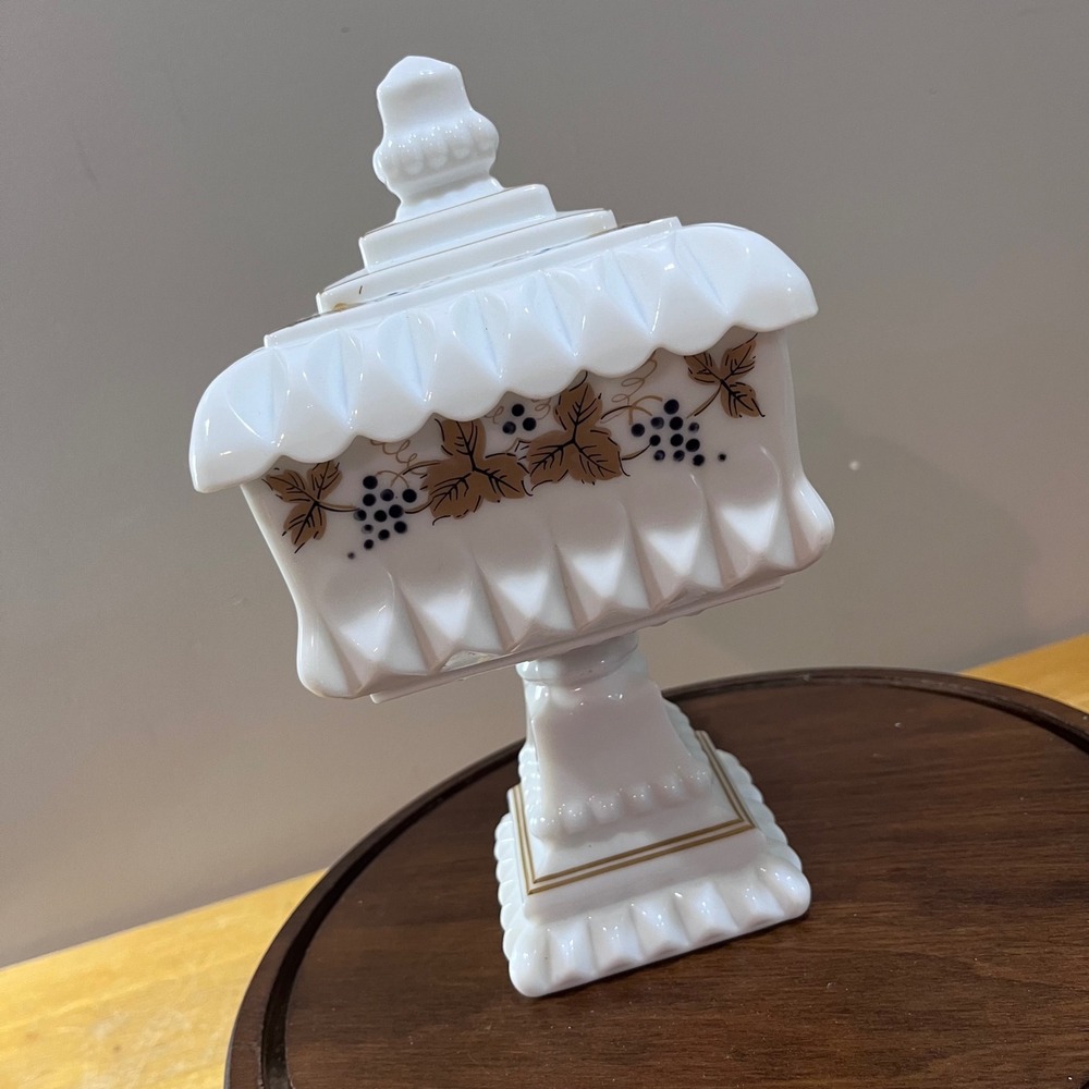 Vtg Westmoreland Milk Glass Wedding Cake Box Grapes Gold Trim Pedestal Dish 9.5"